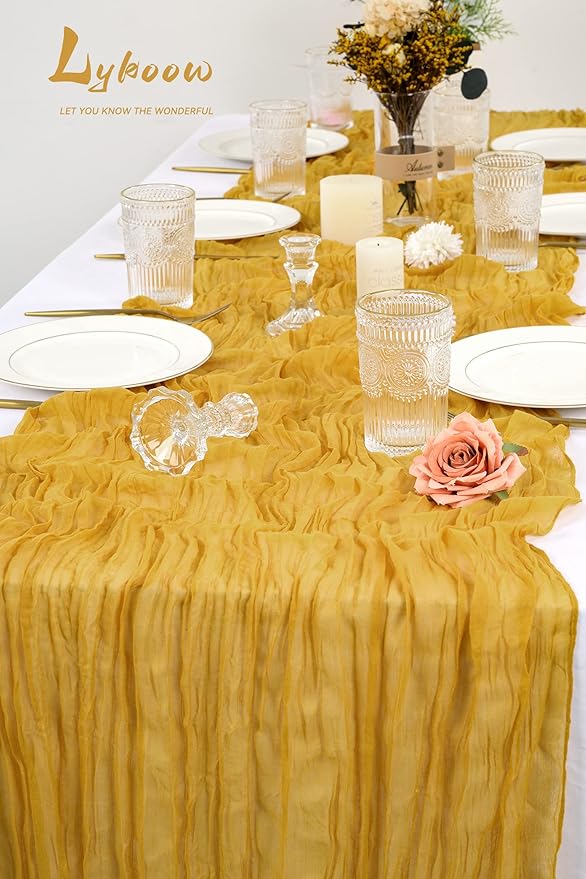 5 Packs Cheesecloth Table Runner Mustard Yellow, 10Ft x 35" Yellow Rustic Gauze Boho Wedding Table Runner Decoration, Wedding Table Decor Table Cloth for Wedding Party Bridal Shower Table