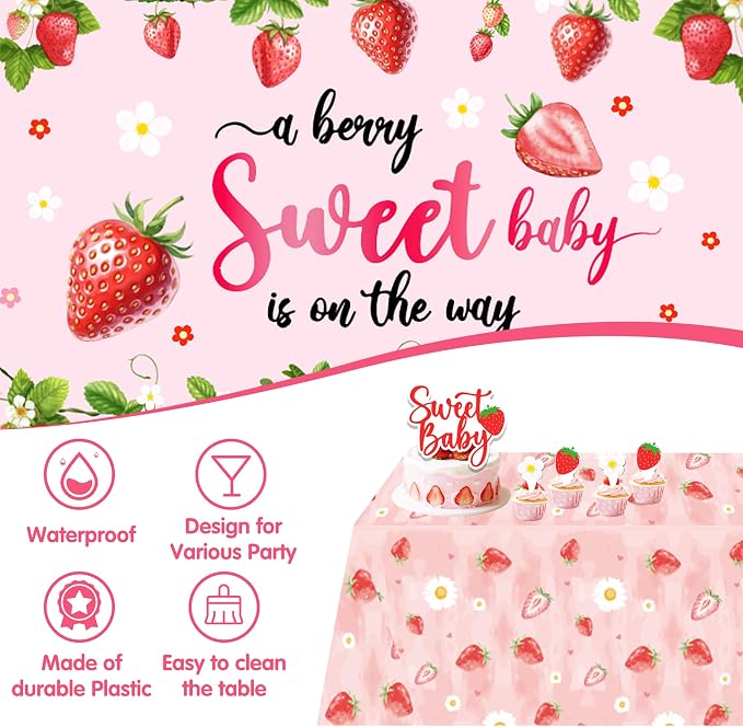 96Pcs Strawberry Baby Shower Decorations for Girl, Berry Sweet Theme Party Supplies with 4 Baby Boxes, 5x3ft Backdrop, Red Pink Balloon Garland Arch & Tablecloth for Summer Fruit Decor