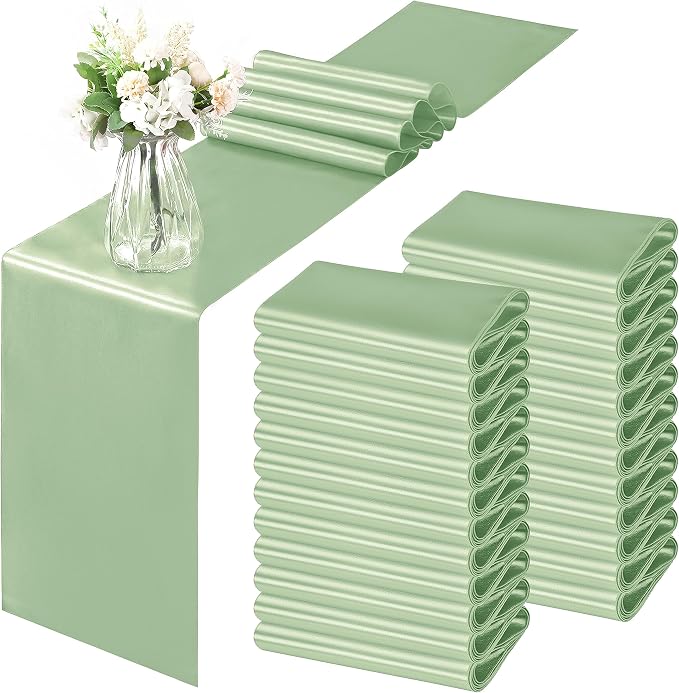 Horbaunal 24 Pack Sage Green Satin Table Runner 12 x 108 Inch, Smooth Table Runners for Wedding Banquets Birthday Party