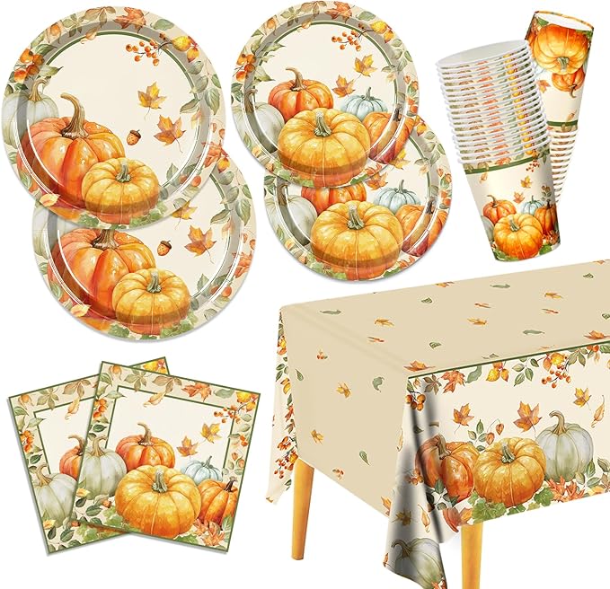 Thanksgiving Paper Plates and Napkins Set Include Cups Tablecloth Fall Harvest Plates with Pumpkins and Maple Leaves, Thanksgiving Party Supplies Set Party Decorations for 24 Guest