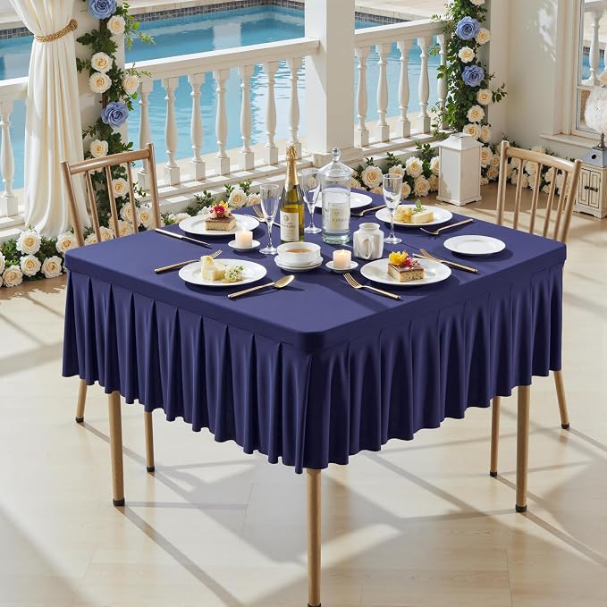 Wish Care Navy Blue Spandex Tablecloths for 48x48 Inch Square Tables, Stretch Fitted Table Clothes with Pleated Ruffle Skirt for 48” Table, Wrinkle Free and Elastic, for Party Kitchen Home Dining