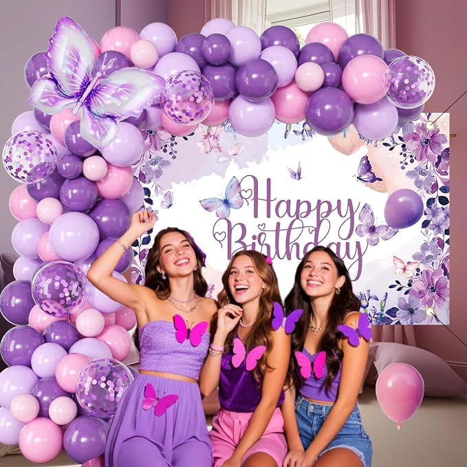 Purple Butterfly Birthday Decorations Balloon Arch Kit - Glitter Butterfly Party Supplies with Garland, Backdrop, Centerpieces for Women Girls Birthday Party Decor