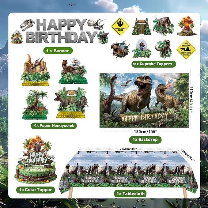 Dinosaur Birthday Decorations Dino Wrold Party Decorations Set Included Dino Balloons, Tablecloth, Backdrop, Cake Cupcake Toppers, Banner, Honeycomb Dinosaur Party Supplies for Kids Birthday Decor