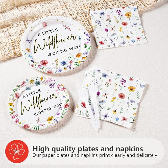 96PCS Wildflower Baby Shower Decorations Little Wildflowers Party Plates Disposable A Little Wildflower Is On The Way Paper Tableware for Girl Baby Shower Spring Summer Party Supplies, Serves 24