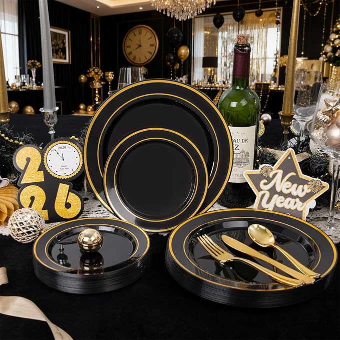WDF 125Pieces Black Plates Disposable with Gold Rim & Disposable Gold Plastic Silverware for Halloween - 50 Graduation Plates - 25 Forks, 25 Knives, 25 Spoons (Pack of 2)