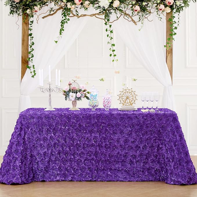 B-COOL Purple Rosette Tablecloth 60x102 Inch Satin 3D Floralr Romantic Party Table Fabeic for Wedding Bridal Shower Birthday Rectangle Table Decoration