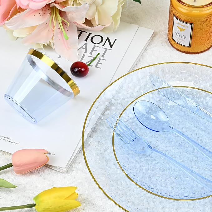 175pcs Blue Hammered Plastic Dinnerware Set for 25 Guests - Disposable Plastic Plates with Gold Rim, Heavy Duty 9oz Cups Pre-Rolled Napkins with Cutlery Ideal for Party