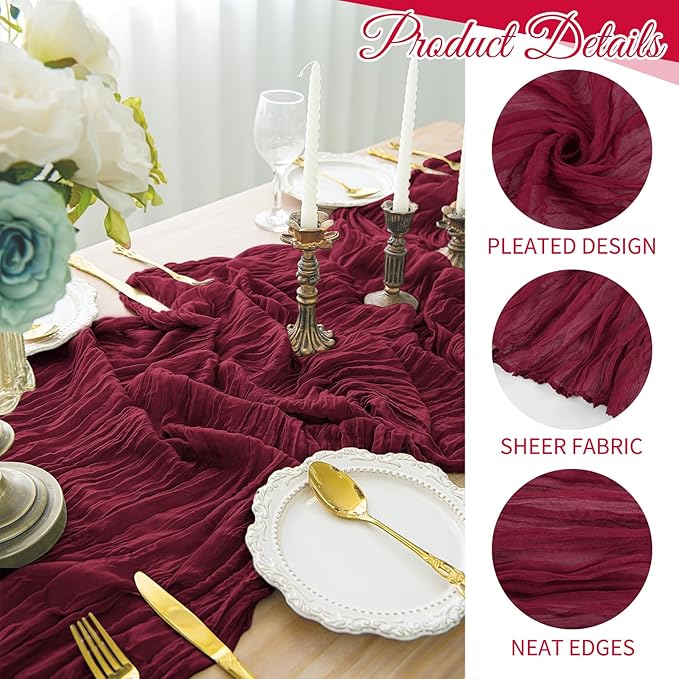 10 Pack Burgundy Cheesecloth Table Runner 17x108 Inch Semi Sheer Boho Gauze Cheese Cloth Table Runners, for Wedding Bridal Shower Birthday Party Home Decor Garden Farmhouse