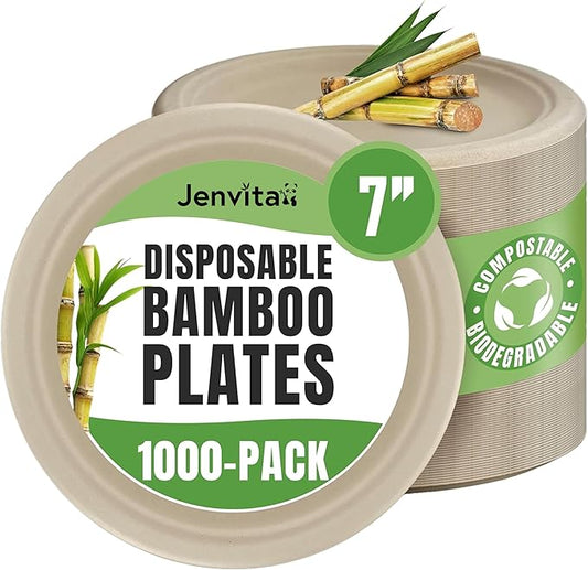 Bamboo Dinner Plates Disposable (1000-Pack, 7-inch) | Sturdy & Microwave Safe | Bamboo Disposable Plates for Parties | PFAS Free, Biodegradable | FSC Certified Alternative to Plastic