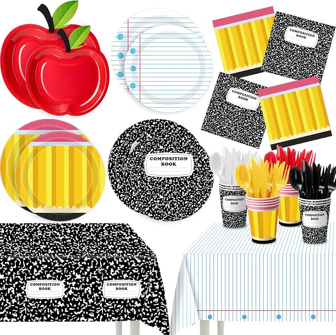Ceenna 390 Pcs Back to School Party Supplies for 48, Red Apple Plates Napkins Cups Tablecloth Cutlery Composition Notebook Disposable Tableware Set for First Day of School Decoration