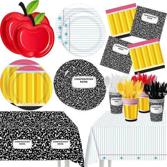 Ceenna 390 Pcs Back to School Party Supplies for 48, Red Apple Plates Napkins Cups Tablecloth Cutlery Composition Notebook Disposable Tableware Set for First Day of School Decoration