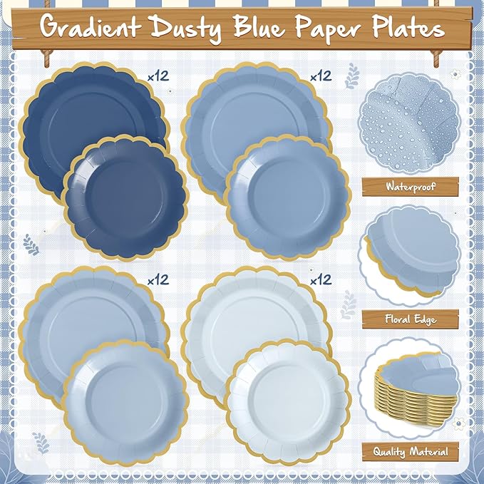 Mimorou 169 Pcs Dusty Blue Plates and Napkins Party Supplies for Guests Blue Tableware Include Scalloped Plates Paper Napkin Cup Spoon Fork Knife for Baby Shower, Wedding, Birthday