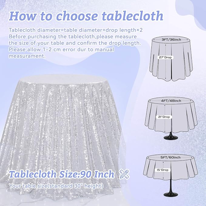 B-COOL Round Tablecloth Silver Decorations: 90 Inch Tablecloth Sequin Overlay Glitter Fabric for Birthday Dinner Parties
