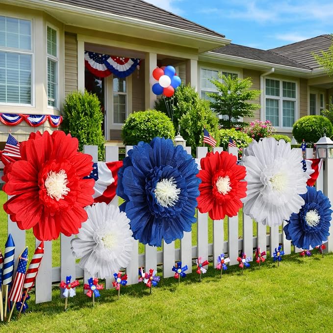 Giegxin 6 Pcs 31.5" 24" 4th of July Giant Crepe Paper Flowers 250th Red White Blue Paper Flowers America Patriotic Decorations USA Tissue Floral for Wall Independence Day Birthday Party Decor