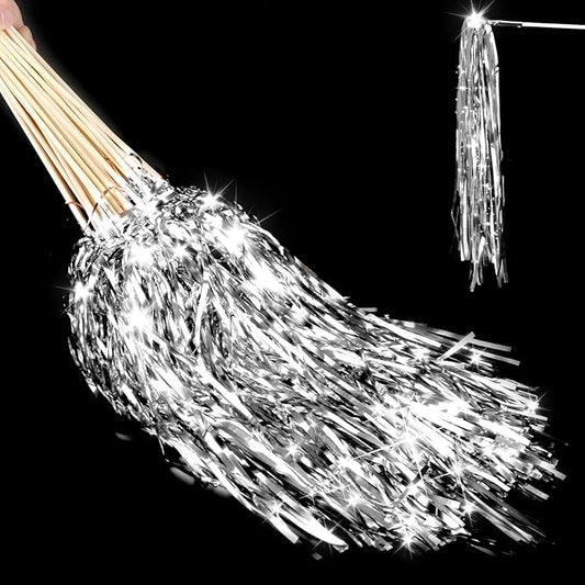 Drixbor 100 PCS Light Up Wedding Wands - LED Tinsel Streamers for Wedding Send Off & Grand Entrance, Party Favors for Weddings Birthdays Christmas (Silver)