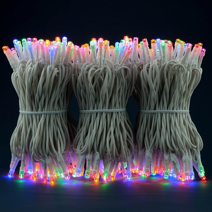 YULETIME 300 Multicolor String Lights, 100 ft 8 Models White Wire 5mm LED | Wide Angle Bulbs, Safe 29V Adapter, Multimode Lighting, Connectable, 100' Total Length, 1-Strand 300 Lights, 4" Spacing