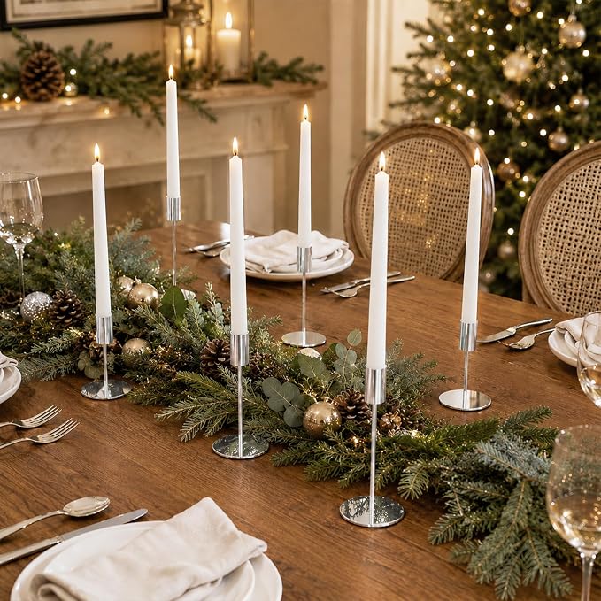 zeochyni Silver Candlestick Holders Set of 6 for Home Decor | Metal Taper Candle Holders in 3 Heights with Weighted Base for Dining, Wedding, Mantel Decor and Housewarming Gift