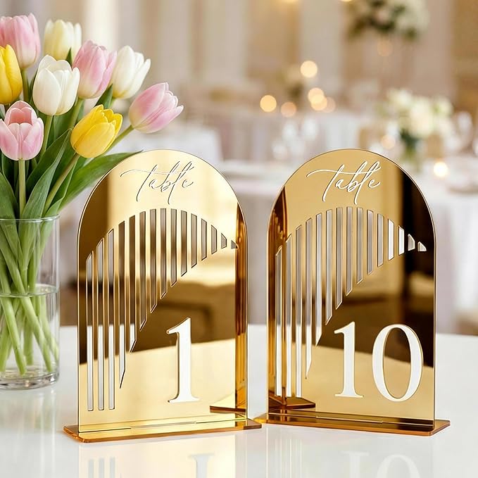 Gold Mirror Arch Wedding Table Numbers 1-10 w/Stand, Gold Mirror 5.5" x 7” Arch Acrylic Signs with Holders, Table Numbers for Wedding Reception, Centerpiece, Anniversary, Party, Event