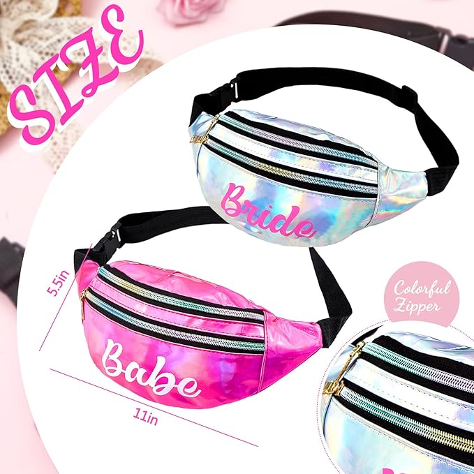 7 Pcs Bachelorette Party Fanny Pack Set Bride and Babe Pack Holographic Belt Laser Waist Bag with Adjustable Belt for Women Wedding Bridal Shower Party Favors