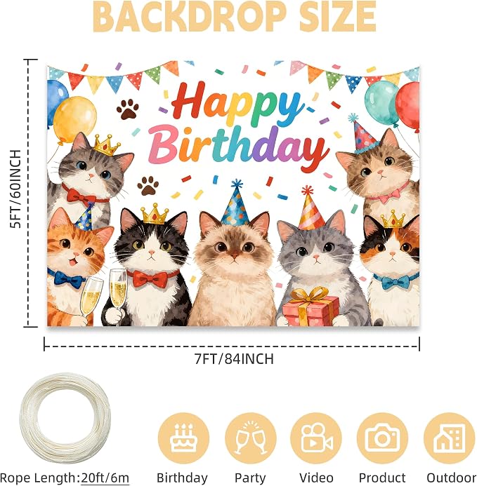 7x5 Ft Happy Birthday Backdrop Cat Birthday Party Decorations Kitten Birthday Photo Backdrop Photography Background Pet Paw Birthday Party Supplies