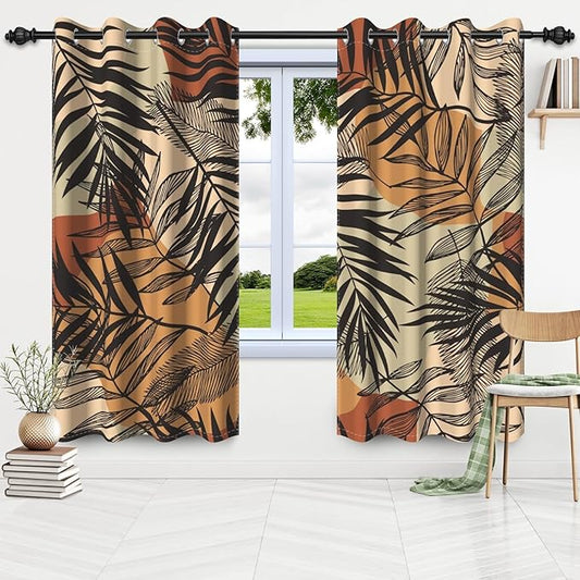 Mid Century Leaves Blackout Kitchen Curtains Boho Palm Leaves Modern Abstract Art Window Drapes Boho Window Curtains Treatment Sets Living Bedroom Dining Room Home Decor,26x24 inch,2 Panels