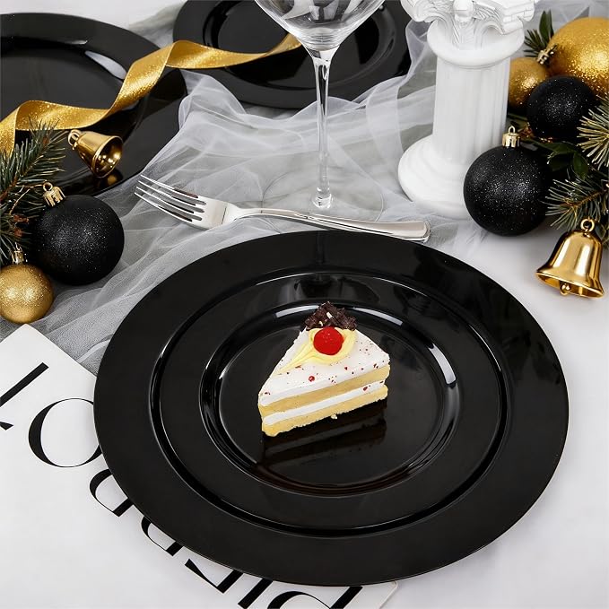 FLOWERCAT 60PCS Black Plastic Plates - Heavy Duty Black Disposable Plates for 30 guests Graduation Party/Wedding/Memorial Day - Include 30PCS 10.25inch Dinner Plates and 30PCS 7.5inch Dessert Plates