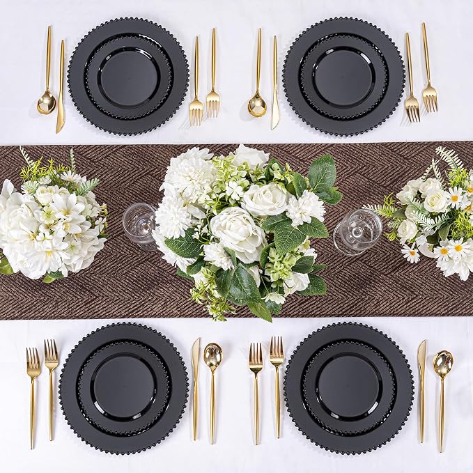 U-QE 60PCS Black Plastic Plates - Heavy Duty Black Disposable Plates Including 30PCS 10'' Dinner & 30PCS 7.5'' Dessert Plates -Hard Plastic Plate for Party Wedding Bridal Shower