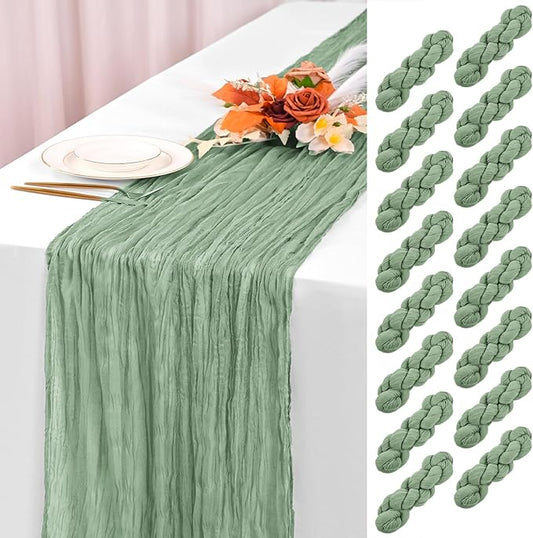 16 Pack Sage Green Cheesecloth Table Runner 120 Inch 10FT Spring Boho Rustic Sheer Gauze Cheese Cloth Table Runner for Wedding Baby Shower Birthday Party Table Decor