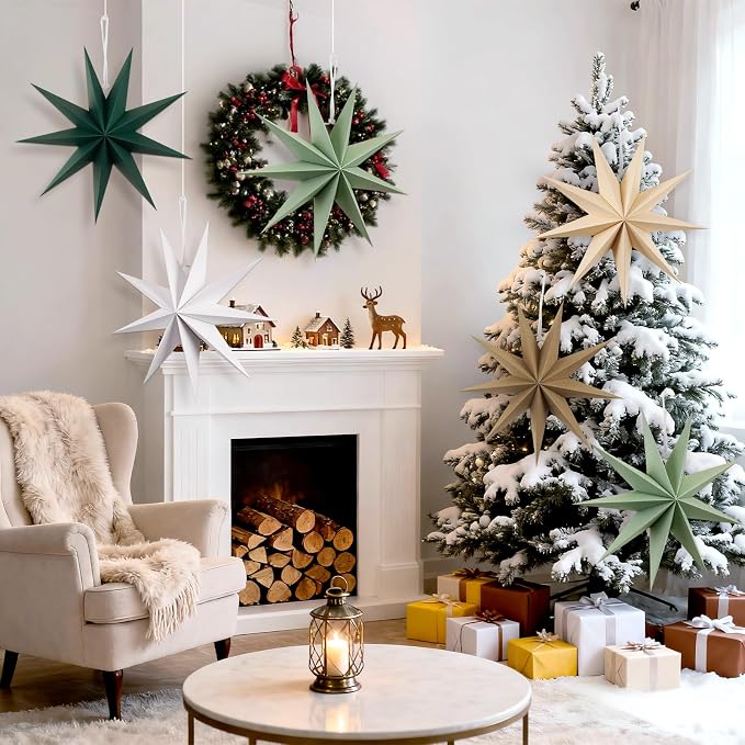 SUNBEAUTY Sage Green 9-Pointed 12 Inch Paper Star Lanterns Christmas Hanging Lamp Paper Decorations Shade Wedding Birthday Christmas Home Party Decorations