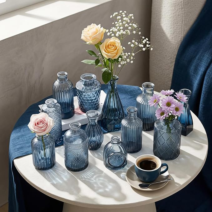 Mini Bud Vases Centerpieces for Tables,Clear Bud Vases for Flowers,Small Flower Vases Suitable for Birthday Party,Anniversary,Wedding Reception,Baby Shower (GradBlue, 12PCS)