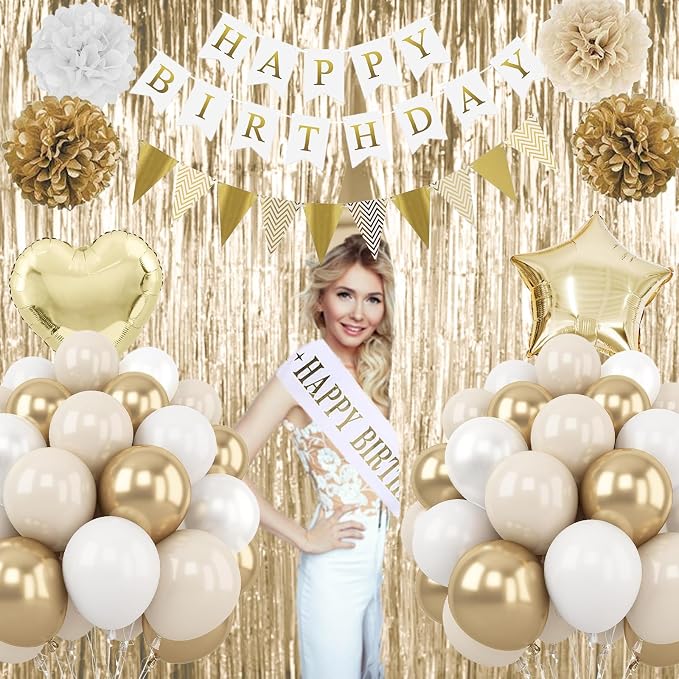 White Gold Birthday Decorations, Beige Gold Party Décor with Foil & Latex Balloons Sash Fringe Curtains Happy Birthday Banner Cake Topper Paper Pompoms Party Decor for Women Girl