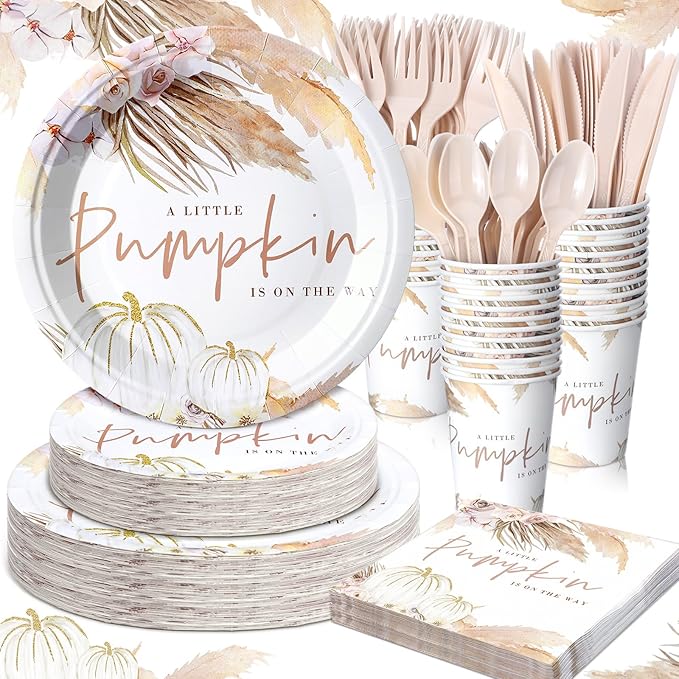 168 Pcs a Sweet Little Pumpkin Is on The Way Baby Shower Decorations Fall Baby Shower Decorations Boho Pink Pumpkin Autumn Party Favors Pampas Grass Floral Disposable Tableware Set Serve 24