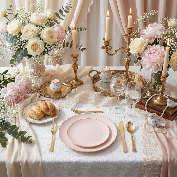 bUCLA 200PCS Pink Plastic Plates - Heavy Duty Pink Disposable with Gold Rim - Include 100 Each (10 inch Dinner & 7 inch Dessert) Plates, Ideal for Party & Wedding