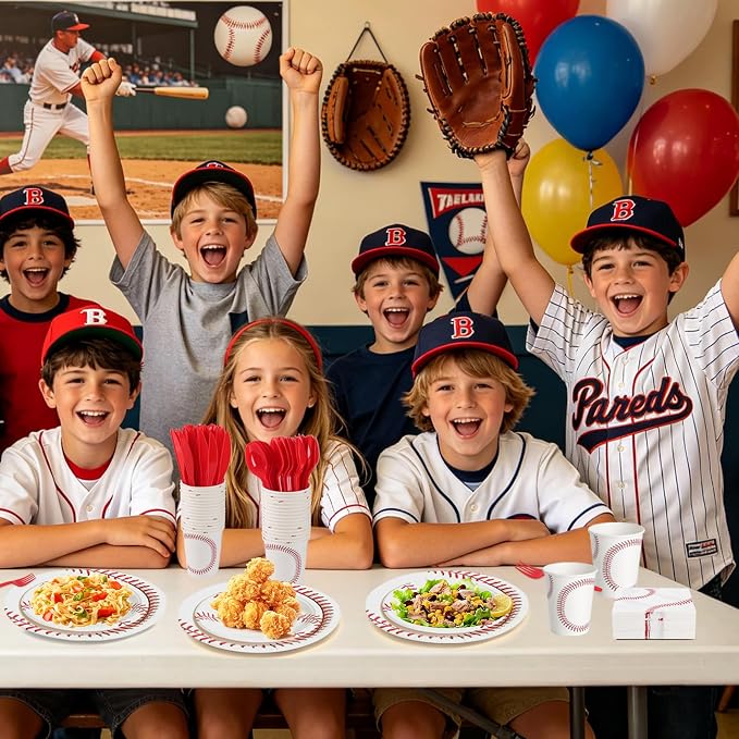 400 Pcs Disposable Baseball Party Tableware Set for 50 Guests | Heavy-Duty 7" & 9" Paper Plates, Cups, 13" Napkins & Plastic Cutlery for Game Day and Birthday Party Supplies