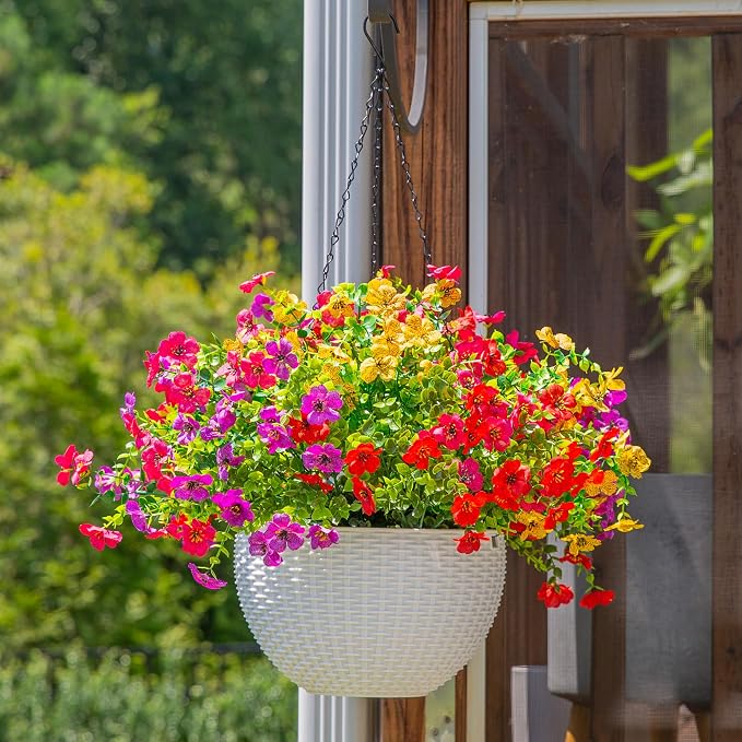 HyeFlora Artificial Faux Hanging Plants Flowers Basket for Outdoor Outside Spring Summer Decoration, Fake Silk UV Sun Resistant Realistic Colorful Daisy for Porch Patio Balcony Home