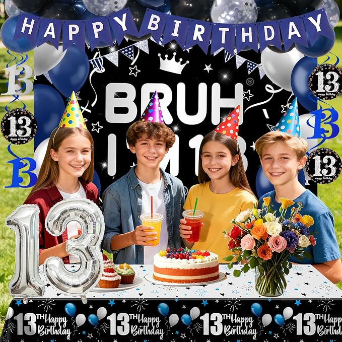 13th Birthday Decorations for Boys & Girls, 54 PCS Blue Black Party Decorations, 13 Year Old Boy Birthday Party Supplie with Banner Backdrop, Hanging Swirls, Tablecloth, Bruh I'm 13 Party Supplies