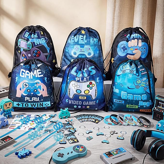 LemonRoad 73 Pcs Video Game Party Favors Set Birthday Supplies Includes Drawstring Bags Keychains Bracelets Stickers Straws Tags for Video Game Theme Party