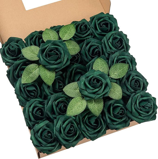 DuHouse 25Pcs Artificial Roses Flowers Fake Roses with Stems Real Touch Foam Flowers for DIY Wedding Bouquet Party Centerpiece Floral Arrangement Party Home Decor(Hunt Green)