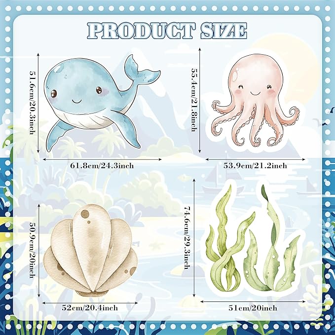 Honoson 4 Pcs Large 32" Under The Sea Party Decorations Ocean Animal Shell Cardboard Cutouts Standup Baby Shower Backdrop Photo Props Sign for Marine Animal Birthday Party Decor