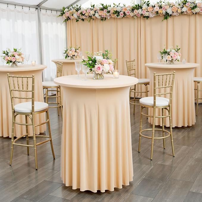 6 pk Champagne Cocktail Table Cloth Round 36×43in-High Top Highboy Bar Cocktail Tablecloths-Wrinkle Free Stretchy Fitted Spandex Table Covers with Ruffle Desk Skirt for Wedding Banquet Party Tables