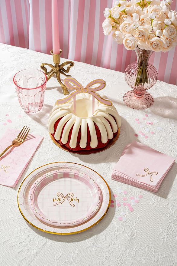 Baby Shower Celebration, Stylish Tableware Set for 8 Guests – Pink/White