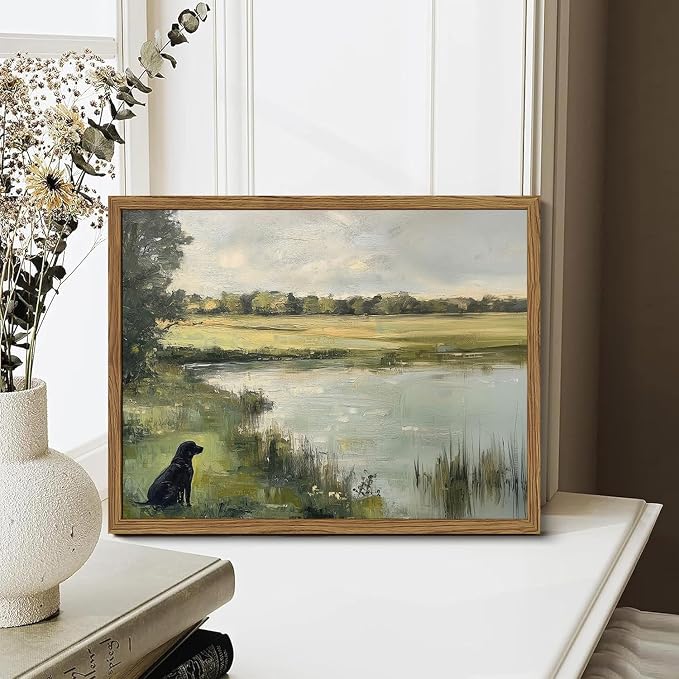 Framed Vintage Hunting Black Dog Wall Art, Rustic Country Nature Landscape Pictures Wall Decor, Farmhouse Animal Paintings Canvas Prints Aesthetic Home Decor for Living Room Bedroom 12x16 inch