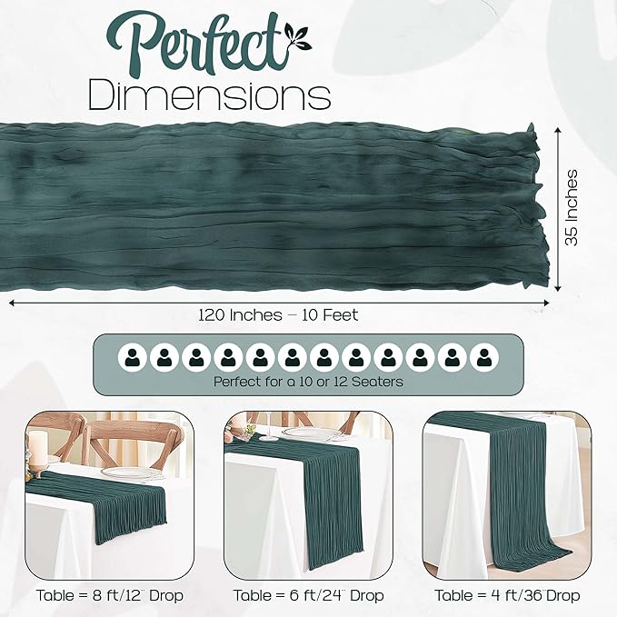 12 Pack Emerald Green Cheesecloth Table Runners 10FT Long – 35 x 120 Inch Boho Gauze Table Runners for Engagement, Wedding, Baby Shower & Home Decor – Soft Wrinkled Polyester Fabric
