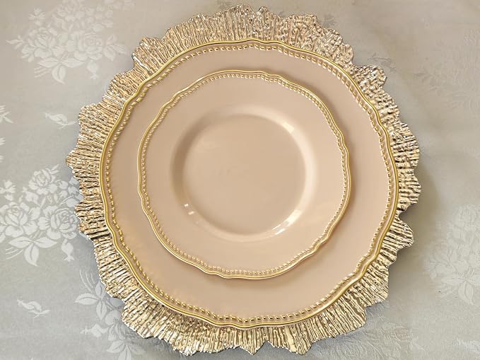 " OCCASIONS " 150pcs set (25 Guests)-Wedding Plastic Plates & cutlery -Disposable heavyweight Dinnerware 10.25'', 7.5'' + Silverware w/double fork (Rochelle Antique Rose & Gold)