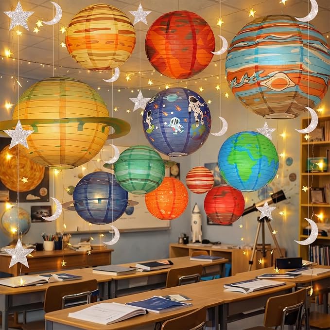 Baquler 32 Pcs Space Ceiling Decoration for Classroom Solar System Paper Lanterns Galaxy Star Moon Hanging Ornament 30 ft LED String Lights Hook Rope for Back to School Kid Party VBS Decor