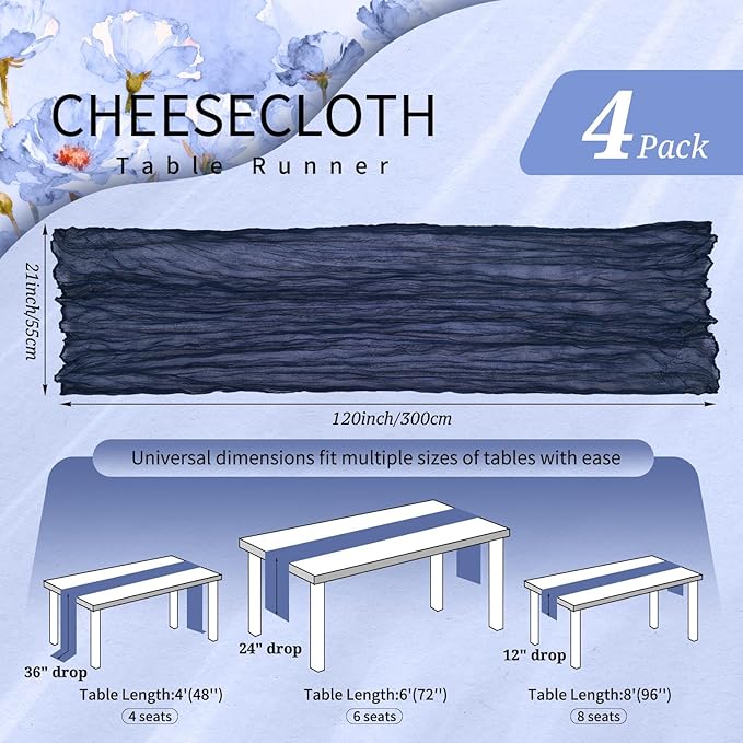 4 Pack Cheesecloth Table Runner 10FT Navy Blue Table Runner Boho Gauze Cheese Cloth Table Runners Long Rustic Sheer Table Decorations for Wedding Party Baby Bridal Shower Birthday Holiday Home