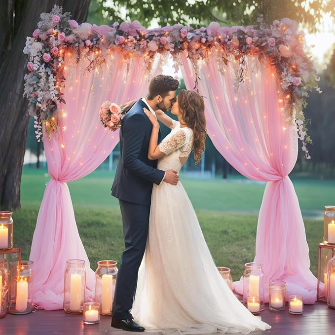 30ft x 8ft Pink Backdrop Curtain with Lights String for Parties, Sheer Tulle Wedding Photo Backdrops Drapes for Baby Shower Birthday Party Decorations Background for Photography