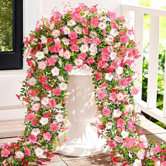 Waipfaru 4 Pcs Artificial Hanging Flowers for Outdoors, Fake Hanging Plants for Outdoor, UV Resistant Silk Faux Violet Flowers Spring Summer Decor for Planter Porch Patio Indoor Decoration, Pink