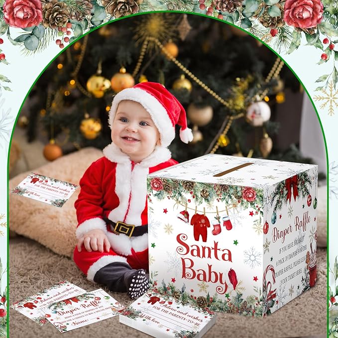 Teling 51 Pieces Diaper Raffle Tickets with Card Box Baby Shower Decorations Gender Reveal Holder Box for Girl Boy Diaper Raffle Party (A Santa Baby is on the Way)