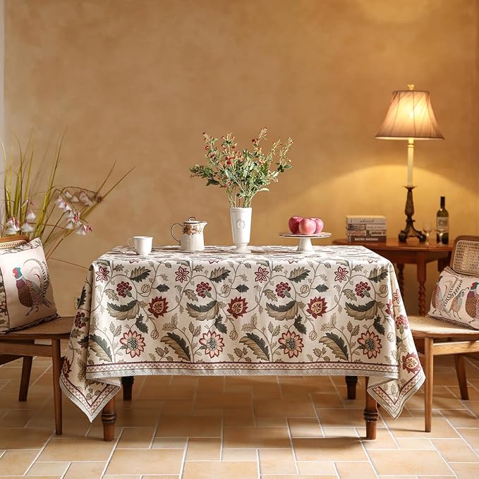 ISAENNE Designer Vintage Linen Tablecloth Rectangular,87"x55"-Ratina | French Elegant Printed Table Cloth for Rectangle Table,Floral Pattern,Decor,Heavyweight,Dining Room,Kitchen,Thanksgiving